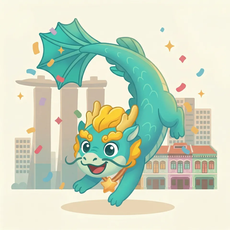 Tio Boh mascot character welcoming you to learn Hokkien, with Singapore skyline