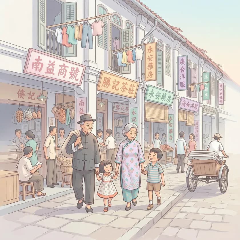 Illustration of a 1950s Singapore shophouse street with a Chinese immigrant family