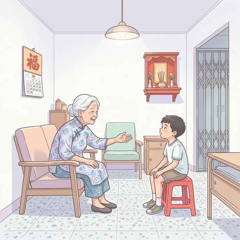 Illustration of an Ah Ma reaching out to her grandchild in an HDB living room
